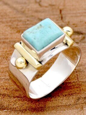 Ring Retro Boho-Chic Square Turquoise Wide Band Beaded Bohemian Minimalist